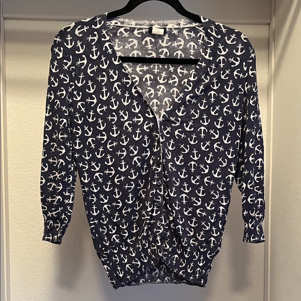 J. Crew white anchor Navy cardigan 100% cotton Small Nautical New England style